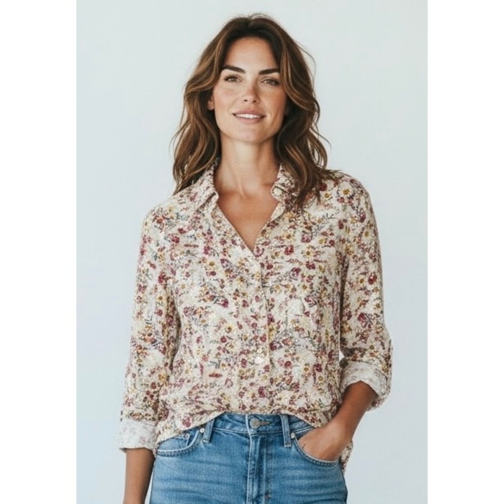 BeachLunchLounge Floral Button Up Shirt Womens Medium Multicolor Cottagecore